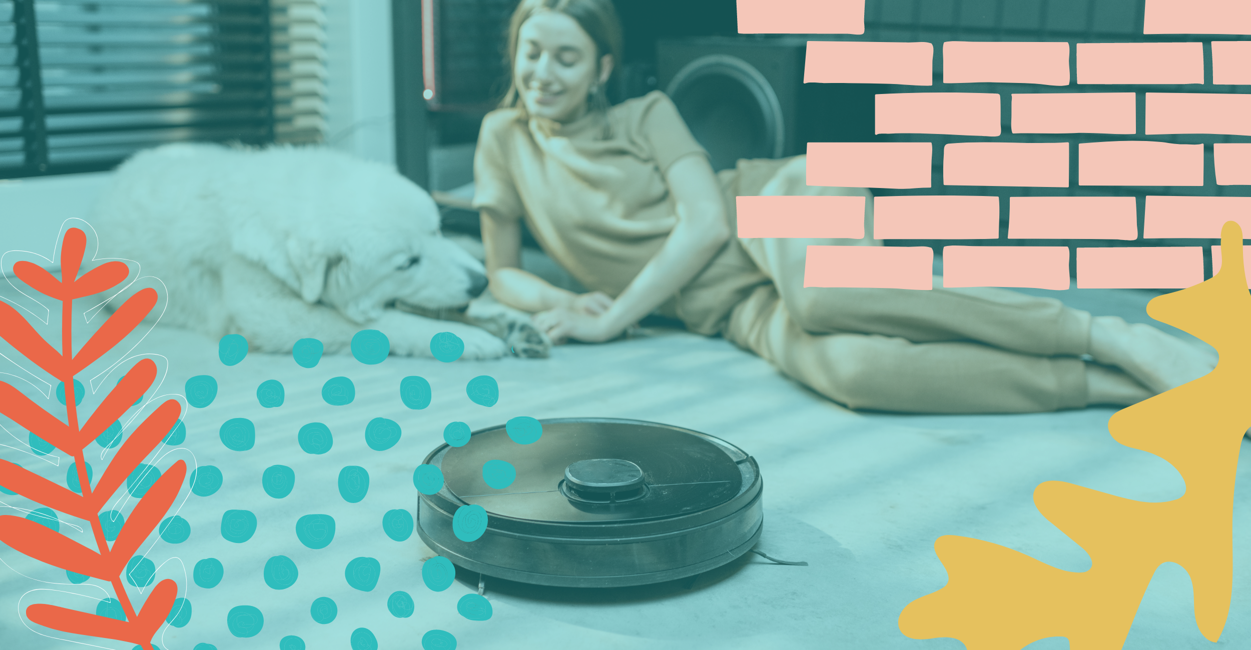 Woman sits with her dog and watches the robot vacuum.